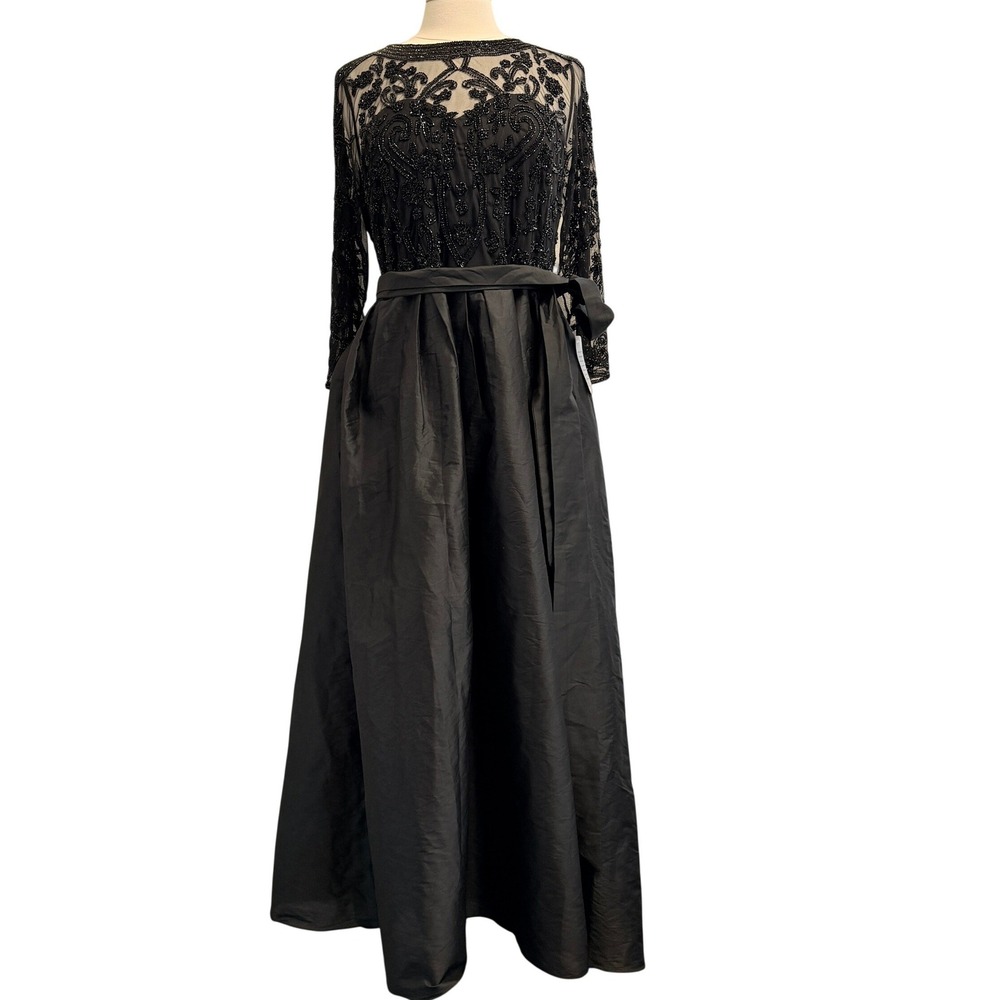 Pisarro Nights Beaded Black Gown Maxi Dress Womens 18 Taffeta Mother of Bride